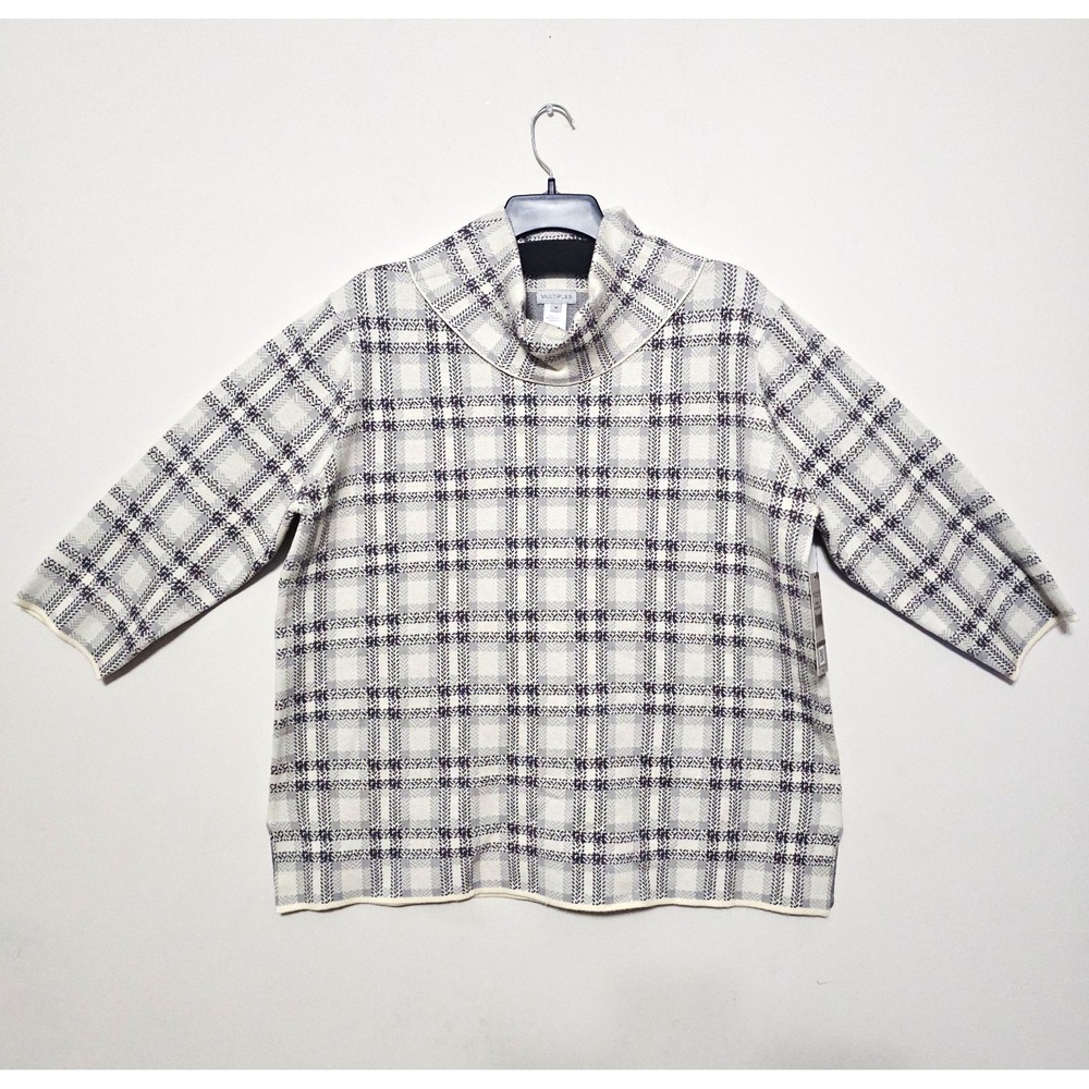 Multiples Womens Plus Sweater 1X Gray White Black Plaid Cowl Neck Pullover 1184